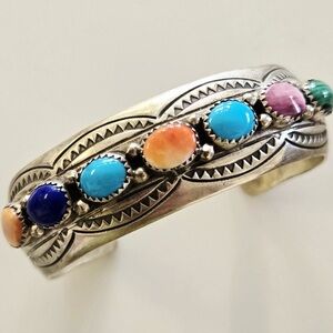 Old Pawn VTG BENALLY Navajo Turquoise Spiny Oyster Lazuli STERLING Bracelet